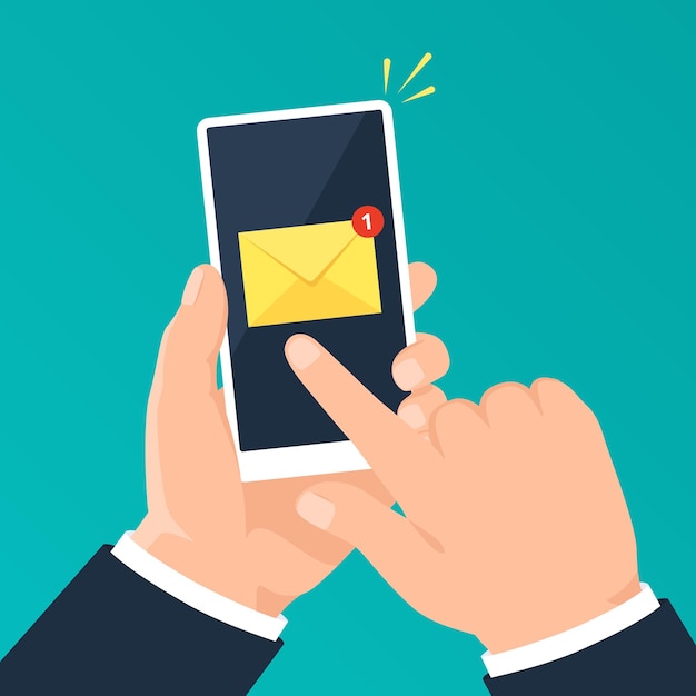 Email notification on phone Hand holding smartphone with mail notification vector concept