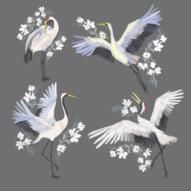 Embroidery with crane bird