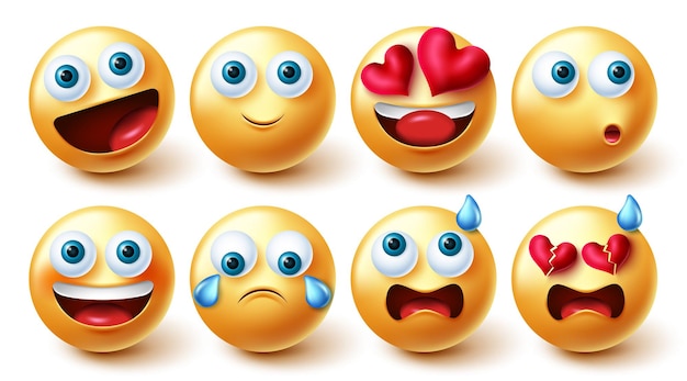 Emoji characters vector set Emojis character cute faces collection in yellow icon isolated in white