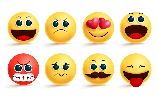 Emoji vector set Yellow emoji and emoticon with cute angry in love sad and excited facial express