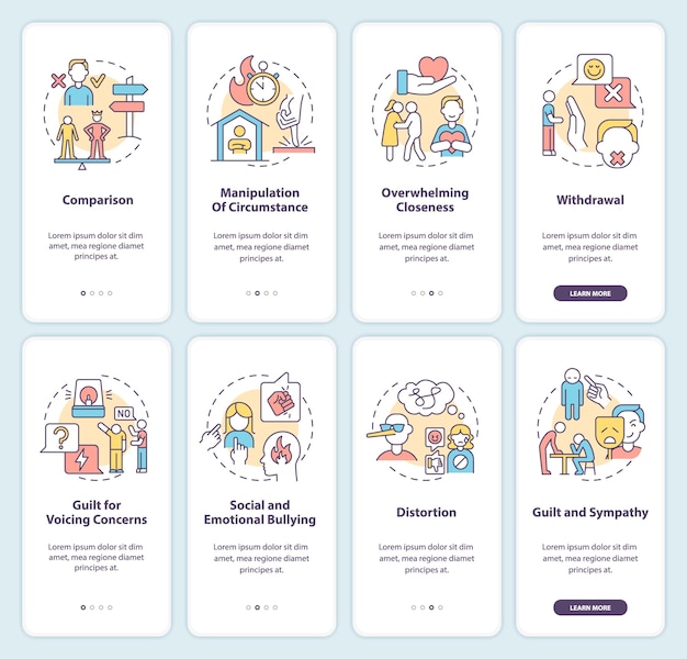Emotional manipulators behavior onboarding mobile app screen set Walkthrough 4 steps graphic instructions pages with linear concepts UI UX GUI template Myriad ProBold Regular fonts used