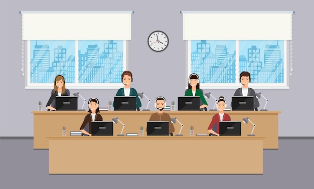 Employees of call center on working places in office. Operators in headsets at desks.