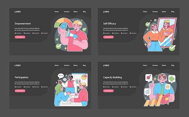 Empowerment dark or night mode web landing set office employees inclusive team collaboration
