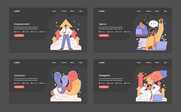 empowerment dark or night mode web landing set office employees inclusive team collaboration