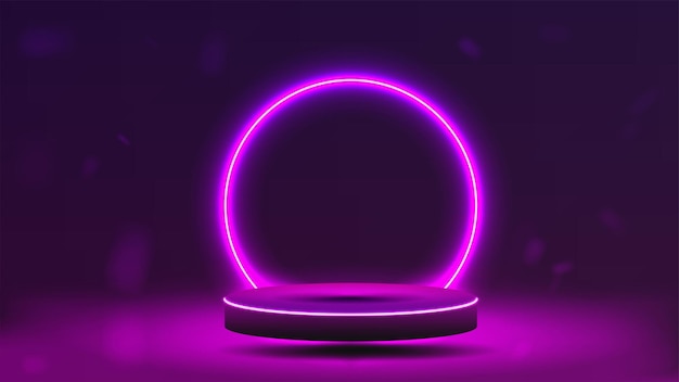Empty purple with pink bright podium Neon arch in the form of a circle above the platform