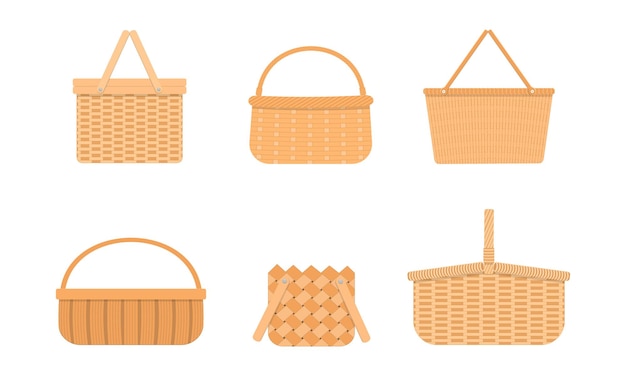 Empty wicker picnic baskets Collection of different hand woven willow baskets and hampers