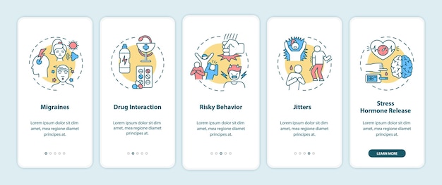 energy drinks dangers onboarding mobile app page screen with concepts