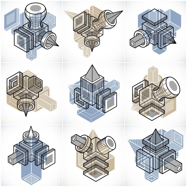 Engineering abstract geometric shapes, simple vectors set.