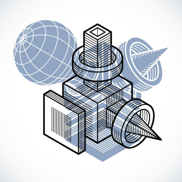 Engineering abstract shape, 3d vector polygonal figure.