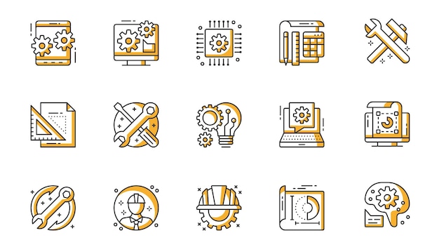 Engineering icons set in outline stroke design for web Pack line pictograms with application settings optimization computer circuit board microchip tools blueprint other Vector illustration