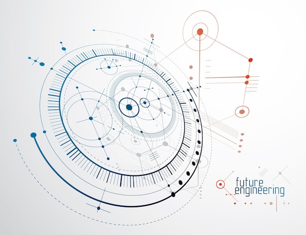 Engineering technological vector wallpaper made with circles and lines. Modern geometric composition can be used as template and layout. Abstract technical background.