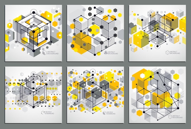 Engineering technological yellow vector 3D wallpapers set made with cubes and lines. Illustration of engineering system, abstract technological backdrop. Abstract technical background.