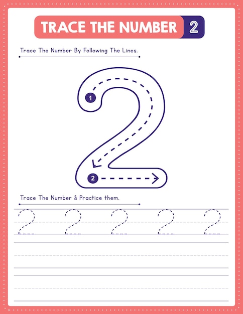 english number tracing handwriting practice worksheet with arrow direction number 2