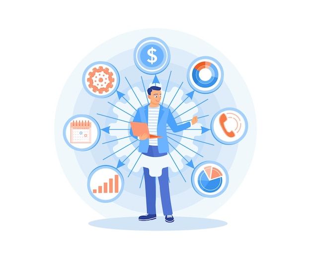 entrepreneurs improve business strategies analyzing business data using a laptop business intelligence concept flat vector illustration