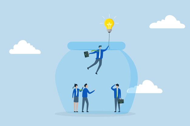 Entrepreneurship escape from routine job Businessman entrepreneur soaring through air in hot air balloon shaped like lightbulb to break free from constraints of fish tank