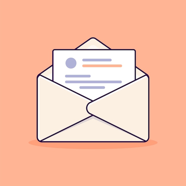 Envelope with paper and text in cartoon style flat icon