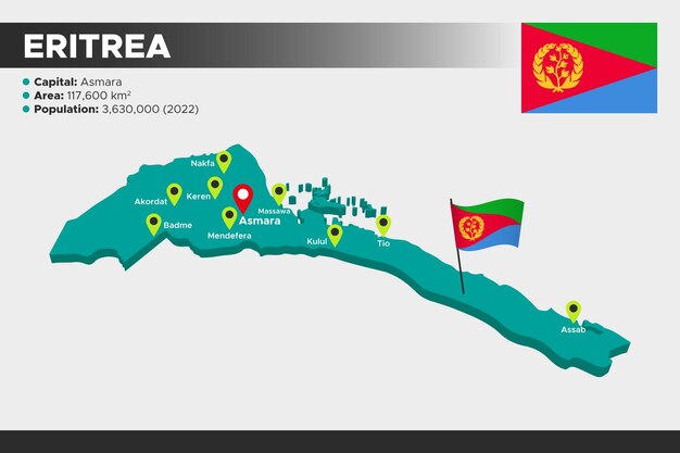 Eritrea isometric 3d illustration map Flag capital cities area population and map of Eritrea