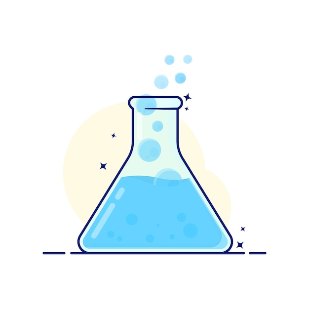 Erlenmayer flask bottle of labs science cute cartoon illustration blue spell with floating bubble