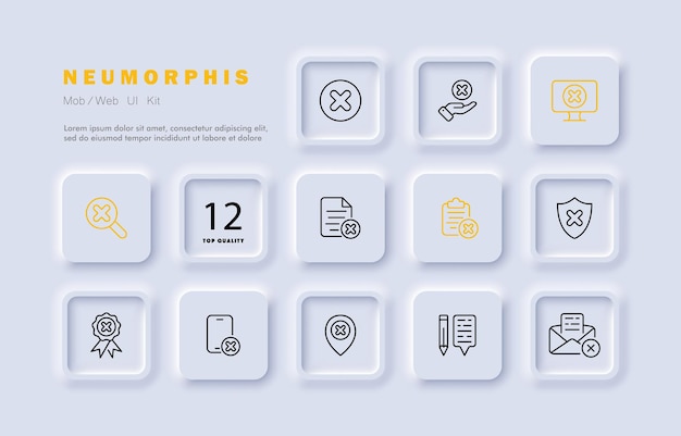 Error set icon Red cross close checked undone monitor pointer clipboard confirmed unrecommended Rejected canceled error Checkmark concept Neomorphism style Vector line icon for Business