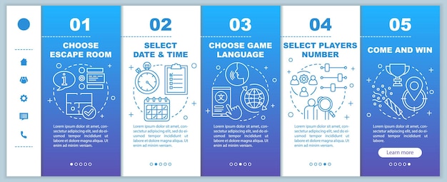 escape room blue booking onboarding mobile web pages vector template