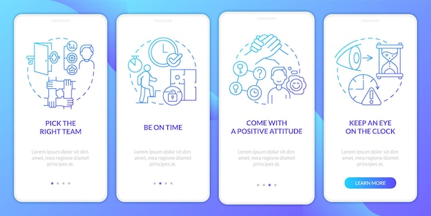 Escape room winning methods blue gradient onboarding mobile app screen Walkthrough 4 steps graphic instructions pages with linear concepts UI UX GUI template Myriad ProBold Regular fonts used