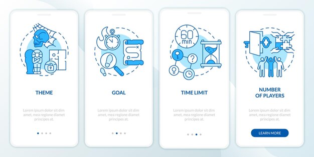 Escape rooms components blue onboarding mobile app screen
