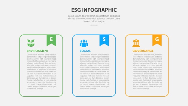 ESG infographic outline style with 3 point template with round container table with bookmark header for slide presentation