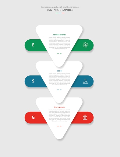 esg sustainability concept for infographic with drop shadow style with round triangle bottom direction with stacked list with 3 point list information