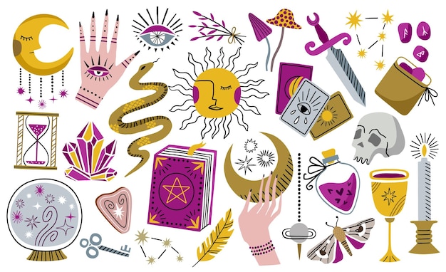 Esoteric symbols vector hand drawn set Boho mystical witch collection Magic icons