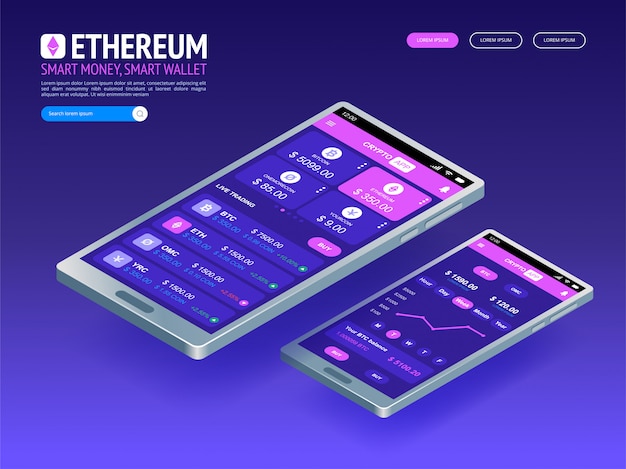 Ethereum digital currency. Futuristic digital money. Isometric technology worldwide network concept.