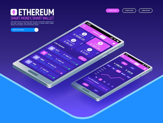 Ethereum digital currency. Futuristic digital money. Isometric technology worldwide network concept.