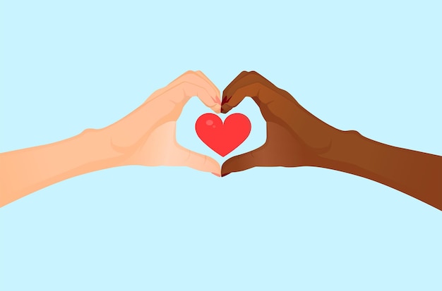 European and African American hand make heart sign on blue background