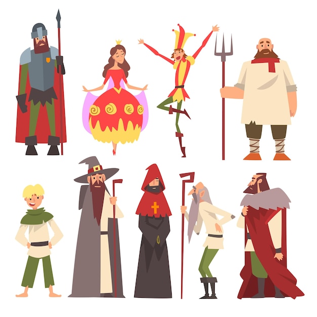 european medieval characters set knight wizard king princess peasant jester people in historical costumes vector illustration on white background
