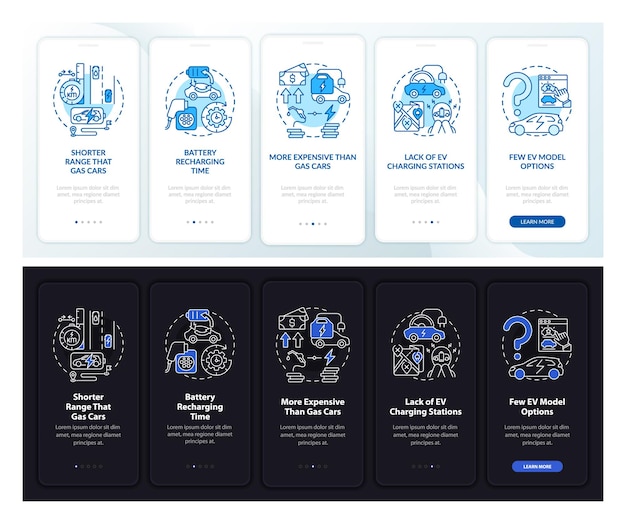 EV bads onboarding mobile app page screen. Electric vehicles comparison walkthrough 5 steps graphic instructions with concepts. UI, UX, GUI vector template with linear day, night mode illustrations