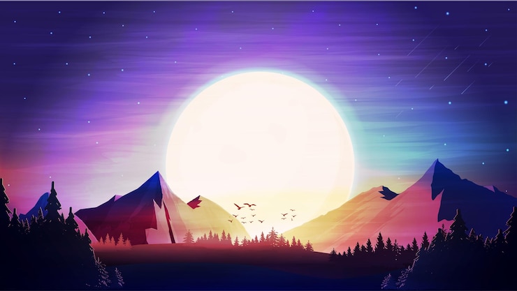 Vector evening landscape with sunset and mountains on the horizon