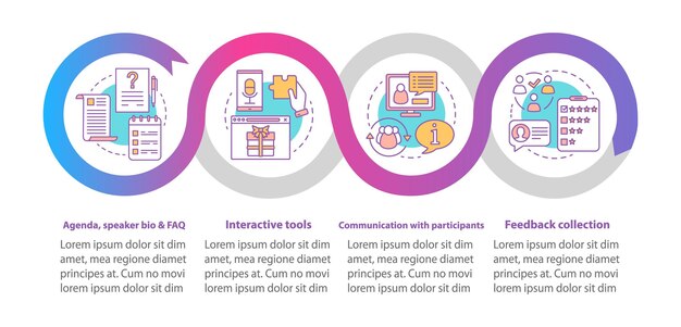 Event app vector infographic template. Interactive tools, communication with participants. Data visualization with four steps and options. Process timeline chart. Workflow layout with linear icons