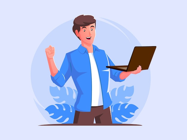 excited man working using laptop