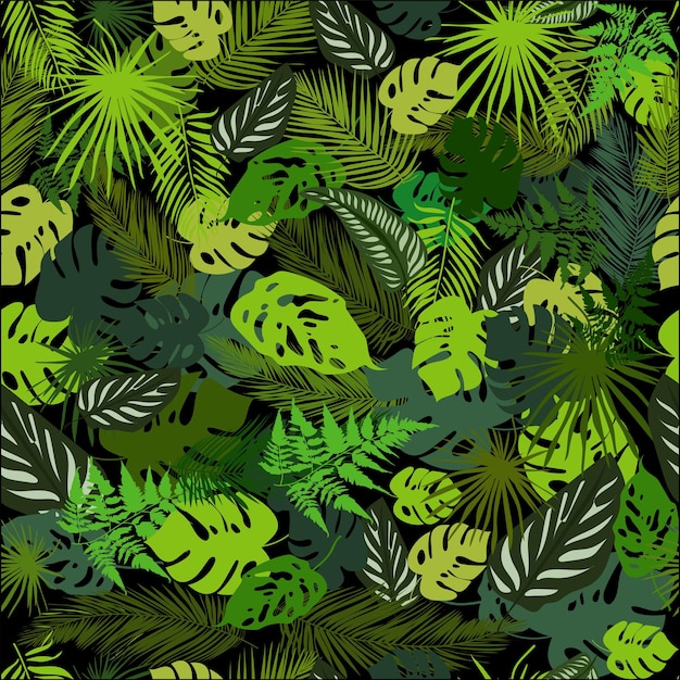 Exotic tropical natural green leaves seamless pattern Background with different tropical palm