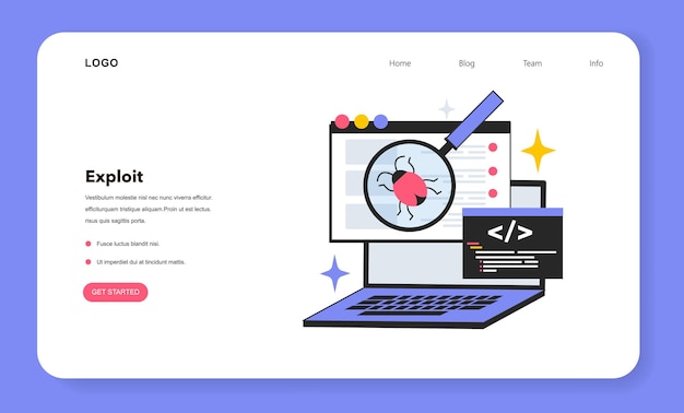 exploit software tool web banner or landing page software bug or vulnerability break out cyber attack with malware vulnerability in computer system for malicious purposes flat vector illustration