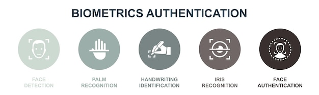 Face detection palm recognition handwriting identification iris recognition face authentication icons Infographic design template Creative concept with 5 steps