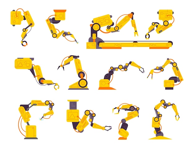 Factory manipulators Mechanic robot arms for construction machine or automotive factory assembly hydraulic hand industry future equipment conveyor splendid vector illustration