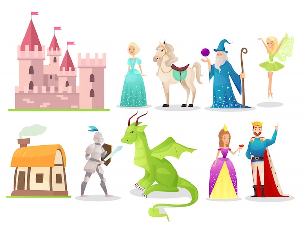 Fairytale characters flat illustrations set. Brave knight fighting with dragon. Magic fairy and wizard. Cartoon queen, king and princess with white horse. Medieval castle and old hut.