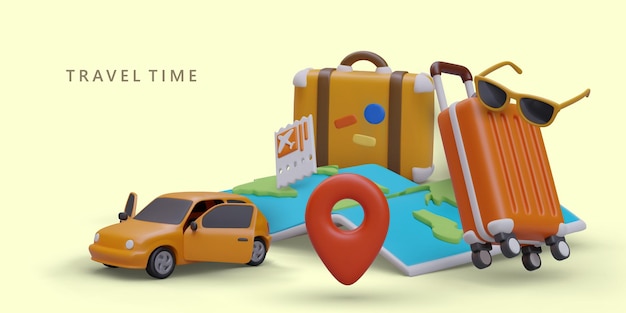 Family trips around world Air flights road trips route and location selection Researching new resorts interesting countries Large 3D illustration place for logo text