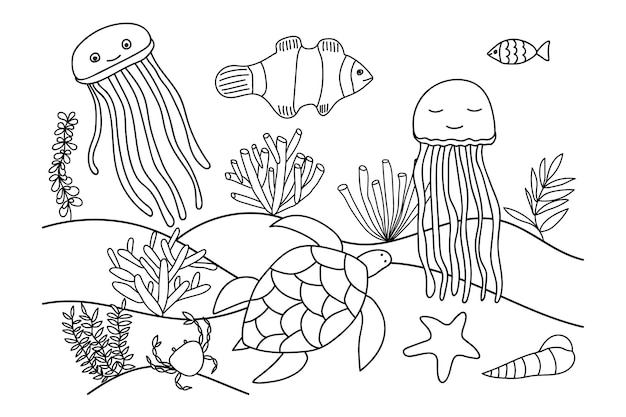fantastic coloring page with sea animals in underwater world with algae bubbles isolated coloring book for kids and adults turtle jellyfish reef fish shell seaweed sea grass starfish