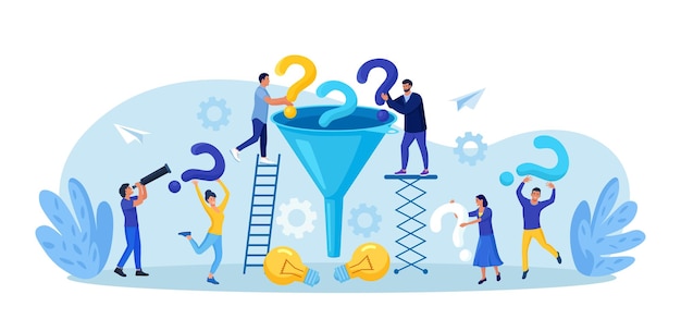 faq frequently asked question business people with funnel to get solution filter with question marks solving problem brainstorming problems research and finding new idea answer questions