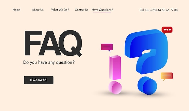 FAQ web page template Answers to FAQ section web page design with a 3D question mark symbol