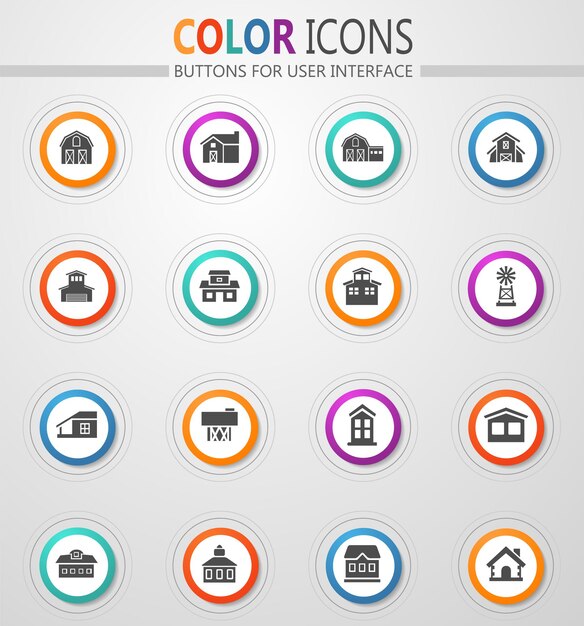 Farm building icons on round white buttons with color strokes