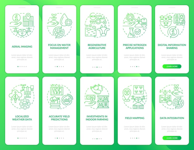 Farming trends green gradient onboarding mobile app screen set Walkthrough 5 steps graphic instructions pages with linear concepts UI UX GUI template Myriad ProBold Regular fonts used