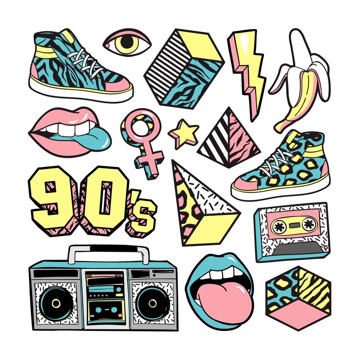 Vector fashion patches in in 80s90s memphis style