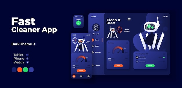 Fast cleaner app screen vector adaptive design template. Productivity optimization application night mode interface with flat character. Memory boost smartphone, tablet, smart watch cartoon UI